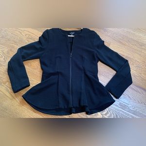 Topshop Size 8, black, ribbed, stretchy peplum, zippered blazer with crew neck.